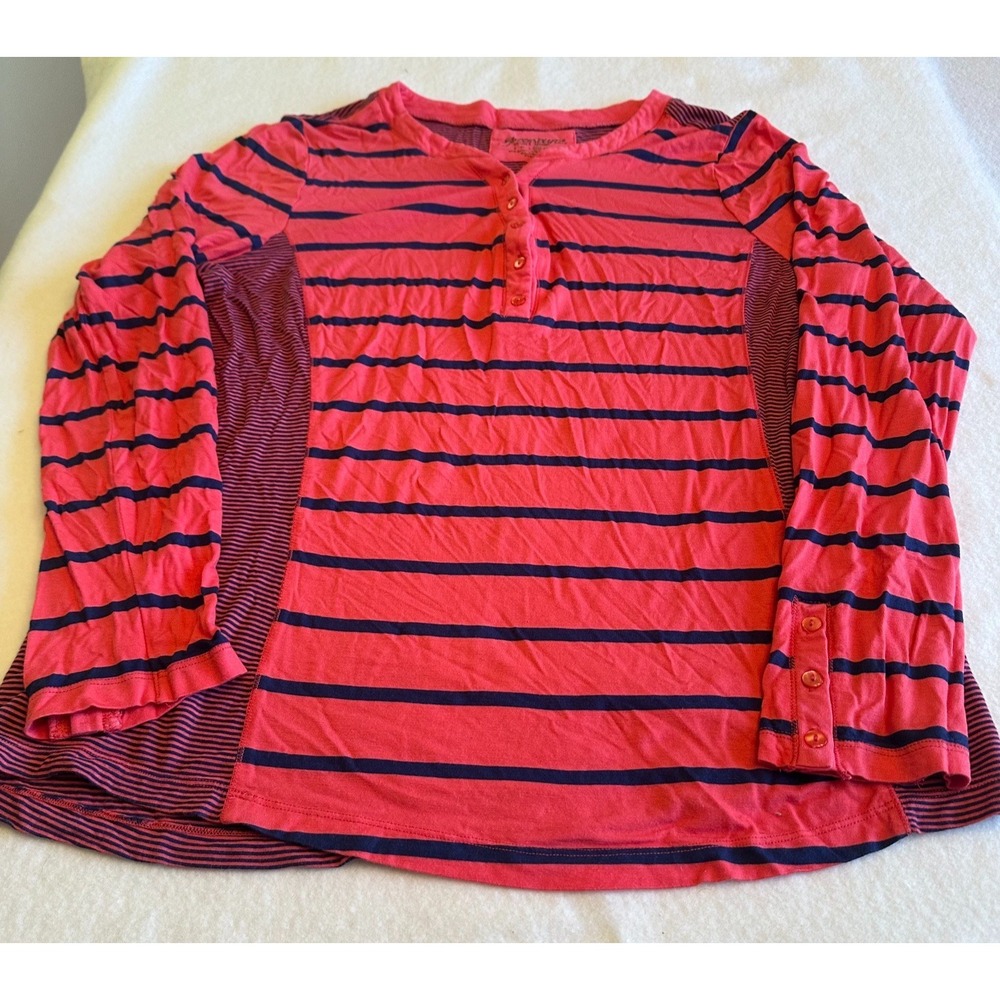 GreenSource Womens Striped Henley Shirt Red Navy XL Long Sleeve Soft Casual